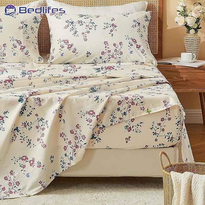 Bedlifes 100% French Linen Sheets Queen Size – Floral Printed, Botanical Pattern Breathable Cooling Sheet Set, 16" Deep Pocket, 4-Piece (Queen, Floral Red)