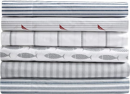 Nautica- Queen Sheet Set, Cotton Percale Bedding Set, Crisp & Cool, Lightweight & Breathable (Harmead Navy, Queen)