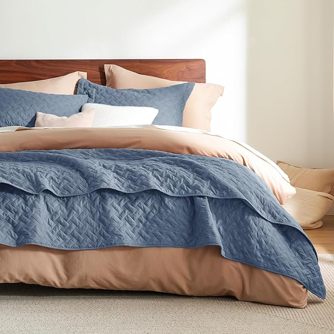 Bedsure Quilts Queen Size - Lightweight Bedspreads Queen Size with Basket Weave Pattern, Soft Quilt Bedding Set, Mineral Blue Comforter Set Coverlet for All Seasons with 2 Pillow Shams (90" x 96") | Skin-Friendly Soft, All-Season Comfort, Breathable, L...