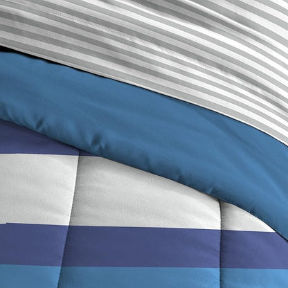 Dream Factory Kids 7-Piece Complete Bed Set Easy-Wash Super Soft Microfiber Comforter Bedding, Full, Blue Rugby Stripe,2D872702BL