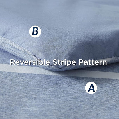 Bedsure Queen Comforter Set 7 Pieces, Blue Striped Bedding Set for All Seasons, Reversible, Cationic Dyeing Bed in a Bag with Comforter, Sheets, Pillowcases & Shams