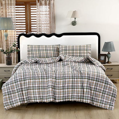 SDIII 3PCS Green Gingham Queen Comforter Set 100% Washed Microfiber Lightweight Green Gingham Bedding Queen Farmhouse Shabby Chic Checkered All Season