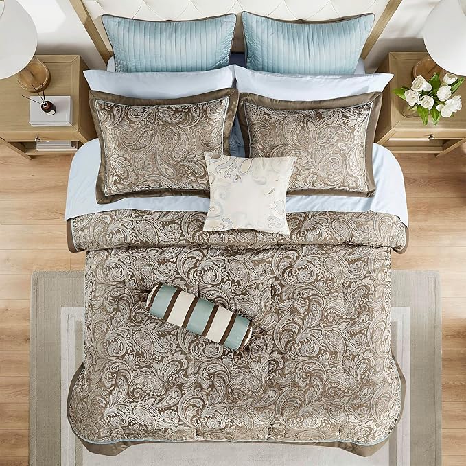 Madison Park Aubrey Cozy Comforter Set, Faux Silk Jacquard Paisley Design - All Season Down Alternative Bedding with Cotton Bed Sheets, Bed Skirt & Toss Pillows, Full Blue 12 Piece