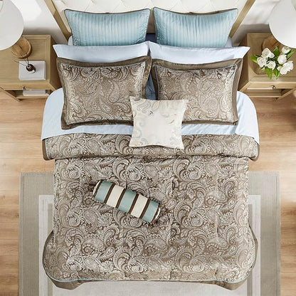 Madison Park Aubrey Cozy Comforter Set, Faux Silk Jacquard Paisley Design - All Season Down Alternative Bedding with Cotton Bed Sheets, Bed Skirt & Toss Pillows, California King Blue 12 Piece