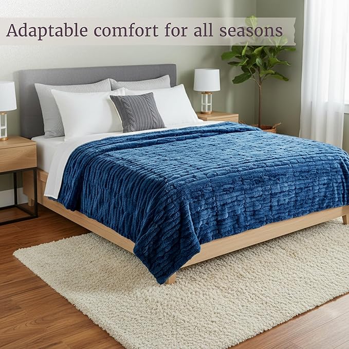 Lavish Home Oversized Ruched Faux Fur Blanket - 60x80-Inch Plush Polyester Faux Fur Queen-Size Throw for Sofas and Beds - Luxurious Bedding (Blue)