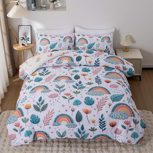 Btargot Lightweight Soft 3 Piece Rainbow Comforter Set with 2 Pillow Covers, Cartoon Leaves Flowers Bedding Set for Girls Boys Kids, Twin Green