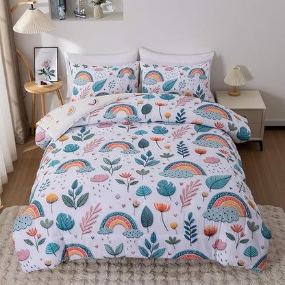 Btargot Lightweight Soft 3 Piece Rainbow Comforter Set with 2 Pillow Covers, Cartoon Leaves Flowers Bedding Set for Girls Boys Kids, Full Green