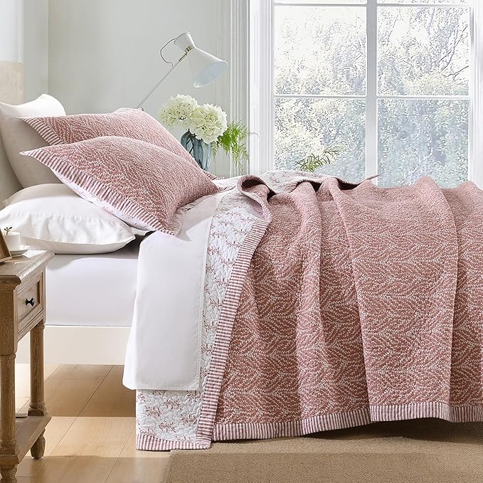 SahSahCasa Quilt Set Queen Size, 100% Cotton Quilt Bedding Set Bedspread, Botanical Pattern Solid Color Chic Lightweight Quilted Comforter for Queen Bed, White/Old Rose, All Season, 3 Pieces