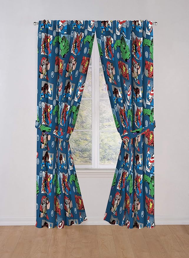 Jay Franco Marvel Avengers Fighting Team 84" Inch Drapes - Beautiful Room Décor & Easy Set Up, Bedding - Curtains Include 2 Tiebacks, 4 Piece Set (Official Marvel Product)