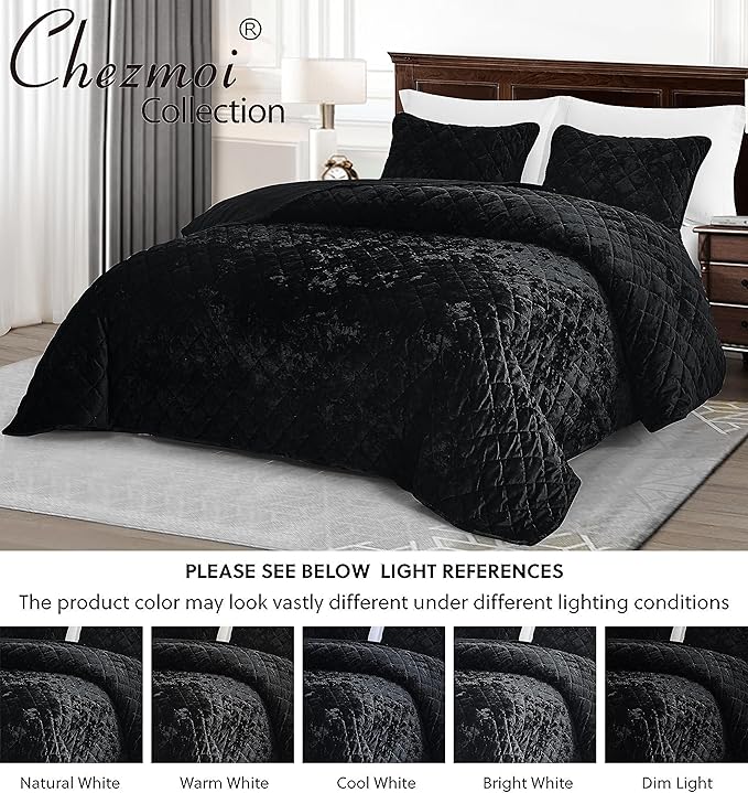 Chezmoi Collection Lux Black Velvet Quilt Queen Set, 3-Piece Lush Plush Distressed Velvet Bedding All Season Lightweight Comforter Brushed Microfiber Reverse with Diamond Stitch Quilting