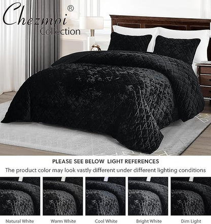Chezmoi Collection Lux Black Velvet Quilt King Set, 3-Piece Lush Plush Distressed Velvet Bedding All Season Lightweight Comforter Brushed Microfiber Reverse with Diamond Stitch Quilting