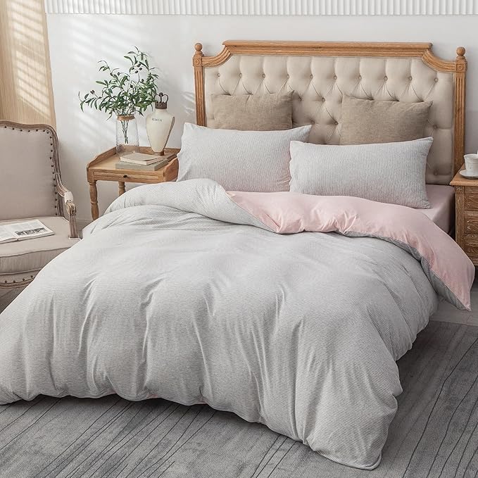PURE ERA Jersey Knit Duvet Cover Set 100% T-Shirt Heather Cotton Super Soft Comfy Classic Striped Design, with Zipper Closure, Grey Light Pink Pinstripe, King