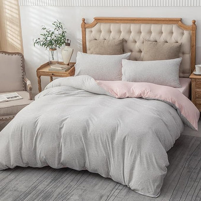 PURE ERA Jersey Knit Duvet Cover Set 100% T-Shirt Heather Cotton Super Soft Comfy Classic Striped Design, with Zipper Closure, Grey Light Pink Pinstripe, King