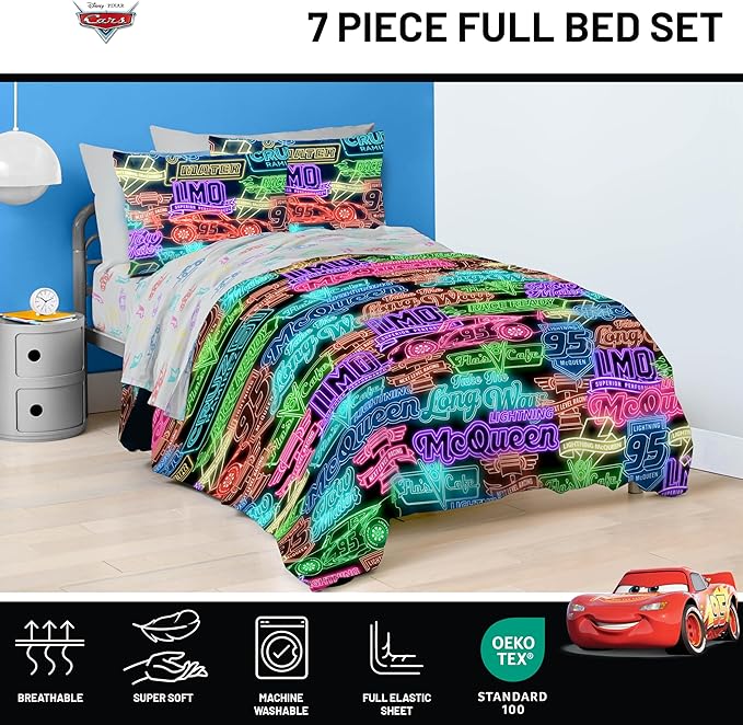 Jay Franco Kids Comforter Set Includes Sheets and Pillow Covers - Soft and Cozy Bed Set for Stylish Room Decor, Black - Cars, 7 Piece Full Bedding