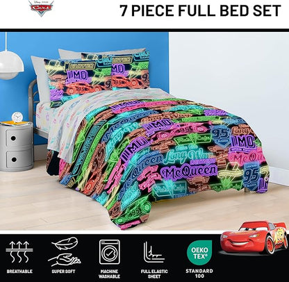 Jay Franco Kids Comforter Set Includes Sheets and Pillow Covers - Soft and Cozy Bed Set for Stylish Room Decor, Black - Cars, 7 Piece Full Bedding
