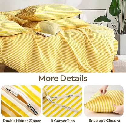 JELLYMONI 100% Natural Cotton 3pcs Striped Duvet Cover Sets,Yellow with White Stripes Pattern Printed Comforter Cover,with Zipper Closure & Corner Ties(King Size)
