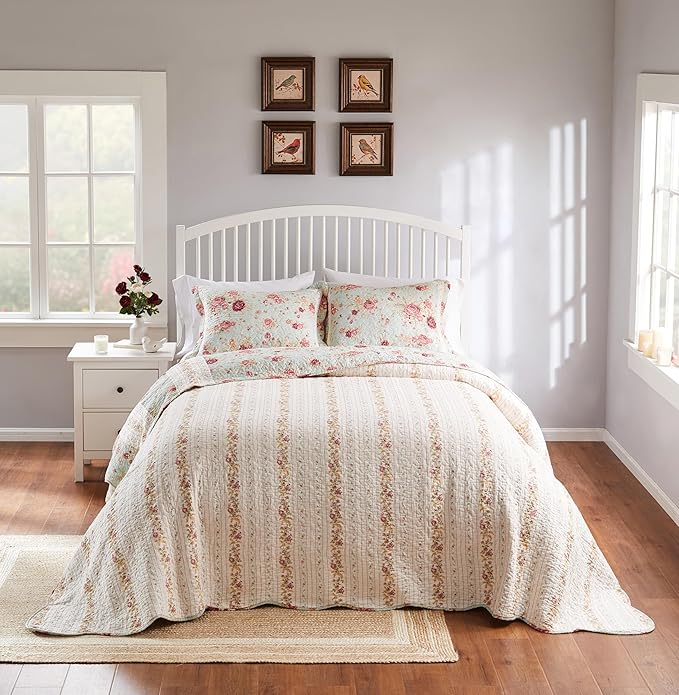 Greenland Home Antique Rose Jumbo Oversized 100% Cotton Bedding Set, Bedspread 120 W x 118 L with 2 Shams 20 W x 26 L Each, King (3 Piece), Blue