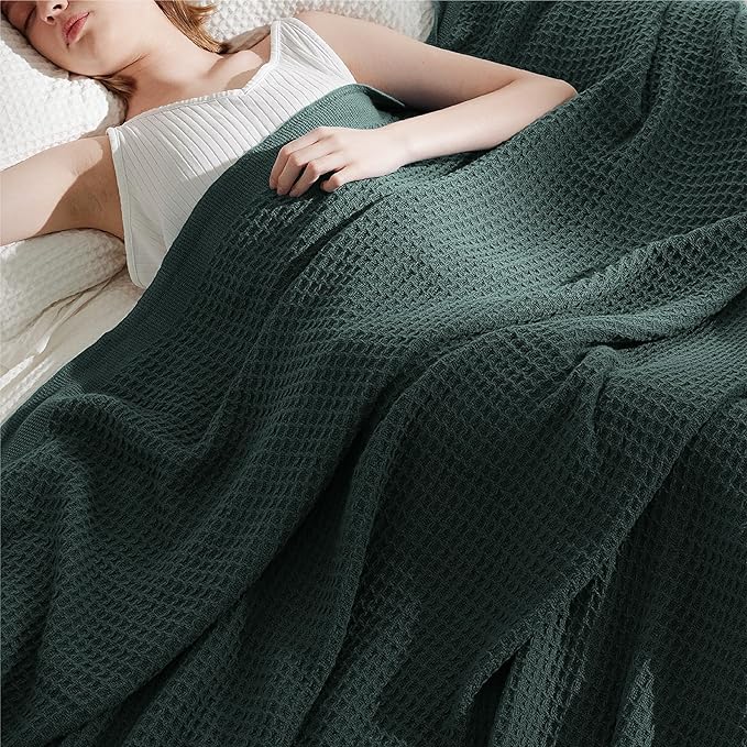 Bedsure Gentlesoft 100% Cotton Blanket Twin XL Size for College Dorm - Breathable and Soft for Spring Summer, Waffle Weave Twin Blanket for Bed, Dorm Room Essentials, Dark Green, 66x90 inches