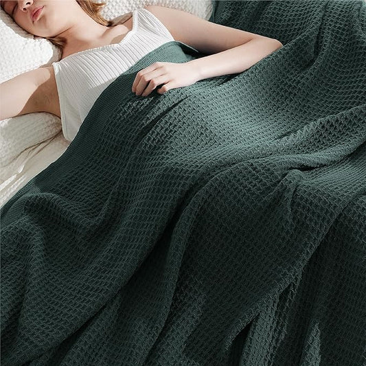 Bedsure Gentlesoft 100% Cotton Blanket Twin XL Size for College Dorm - Breathable and Soft for Spring Summer, Waffle Weave Twin Blanket for Bed, Dorm Room Essentials, Dark Green, 66x90 inches