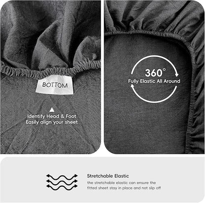 MooMee Fitted Bottom Sheet Only 100% Washed Cotton Linen Like Textured Breathable Durable Soft Comfy Deep Pocket Fits Mattress up to 17" (Dark Grey, King)
