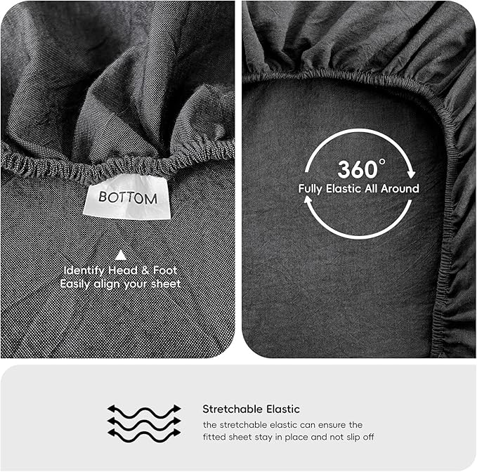 MooMee Fitted Bottom Sheet Only 100% Washed Cotton Linen Like Textured Breathable Durable Soft Comfy Deep Pocket Fits Mattress up to 17" (Dark Grey, Twin)