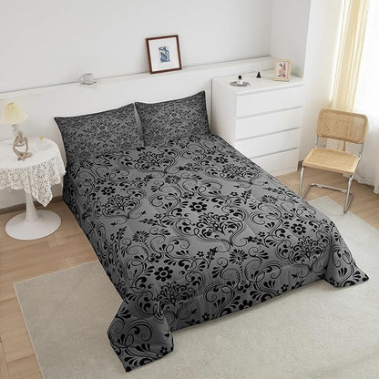 Feelyou Adults Black Vintage Damask Floral Comforter Set Oriental Antique Comforter Full Size Gothic Bohemia Boho Flower Bedding Set Bohemian Exotic Duvet Set Quilt Set 3Pcs