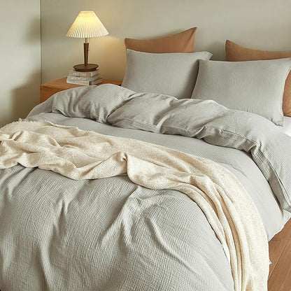 SE SOFTEXLY Muslin Duvet Cover Twin Size, 100% Washed Cotton Duvet Cover Set, Ultra Soft Comforter Cover Linen Like, 2 Pieces Minimalist Gauze Duvet Cover with 1 Pillowcase, 68"x90", Smoky-Green