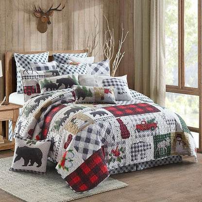 Virah Bella 3 Piece King Lodge Quilt Bedding Set - Rustic Country Reversible Comforter Set with Decorative Pillow Shams - Country Lodge Patchwork