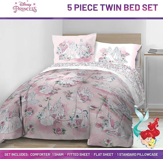 Jay Franco Kids Comforter Set Includes Sheets and Pillow Covers - Soft and Cozy Bed Set for Stylish Room Decor, Pink - Disney Princess, 5 Piece Twin Bedding