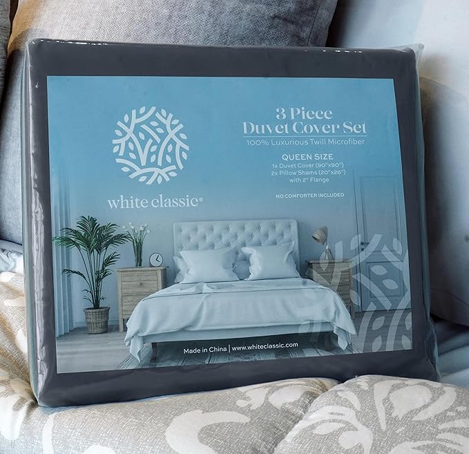 White Classic Grey Duvet Cover King Size, Microfiber Duvet Cover with Zipper, Set of 1 Down Comforter Cover with 2 Pillow Shams, Luxury Comforter Cover King Size | Comforter Not Included
