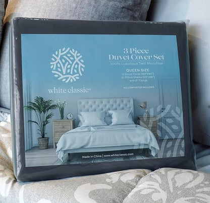 White Classic Grey Duvet Cover King Size, Microfiber Duvet Cover with Zipper, Set of 1 Down Comforter Cover with 2 Pillow Shams, Luxury Comforter Cover King Size | Comforter Not Included