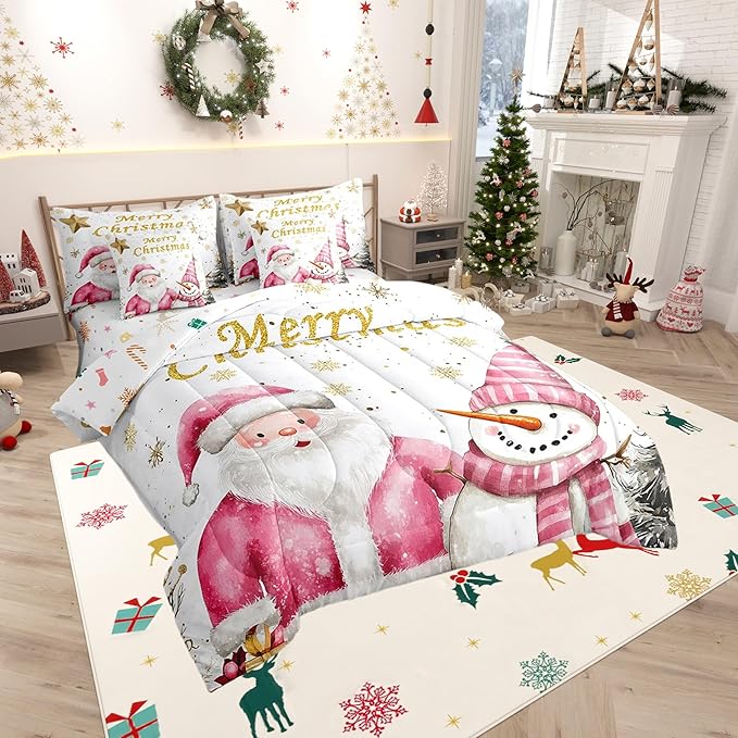 Gold Snowflake Queen Comforter Set with Sheets Bed in a Bag 7 Pcs,Pink Santa Snowman Christmas Trees Bed Set,Watercolor Winter Bedding Sets with Comforter,Flat,Fitted Sheet,Pillowcases,Pillow Covers