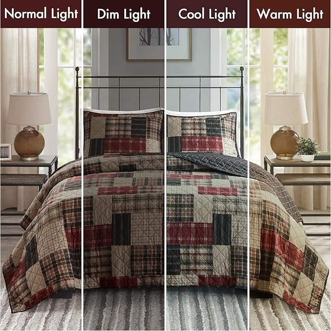Madison Park King Quilt Set Patchwork Farmhouse, Diamond Quilting Reversible Coverlet Set for King Size Bed, Plush Cotton Filled Quilt Set King Size, Shams King/Cal King Red/Black 3 Piece