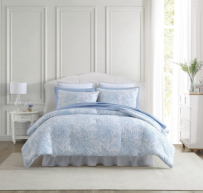 Laura Ashley- Twin Comforter Set, Cotton Reversible Bedding Set with Matching Sham(s), Farmhouse Home Décor (Bedford Blue, Twin)