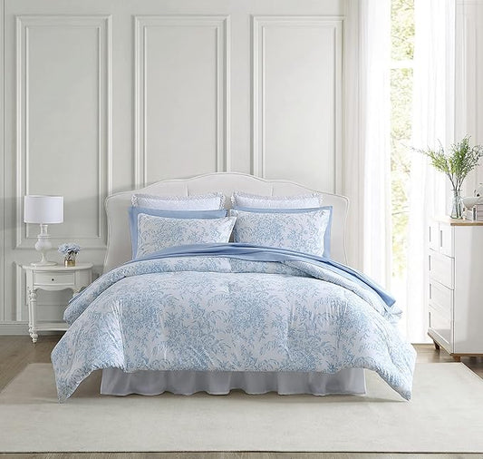 Laura Ashley - Queen Comforter Set, Soft & Reversible Cotton Floral Bedding with a Medium Weight Feel, 3 Piece Bed Set with Matching Pillowcases (Bedford Blue)