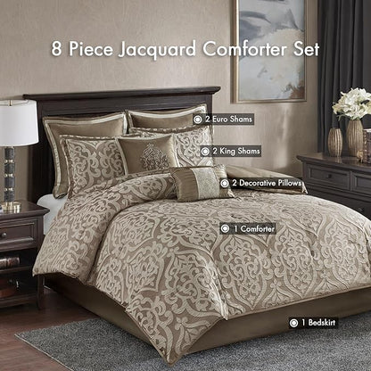 Madison Park Odette Cozy Comforter Set Jacquard Damask Medallion Design - Modern All Season, Down Alternative Bedding, Shams, Decorative Pillows, Queen(90 in x 90 in), Tan 8 Piece