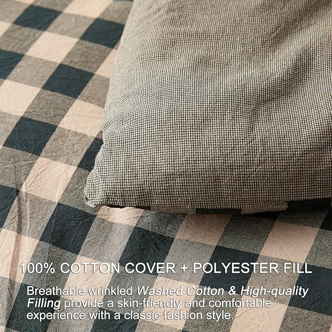 Cyusri Cotton Plaid King Comforter Set - Soft Lightweight Bedding 3 Pieces Dyed Bed Set with 2 Pillow Shams,Reversible All Season Farmhouse Down Alternative(King Size 104"x90" Dark Green)