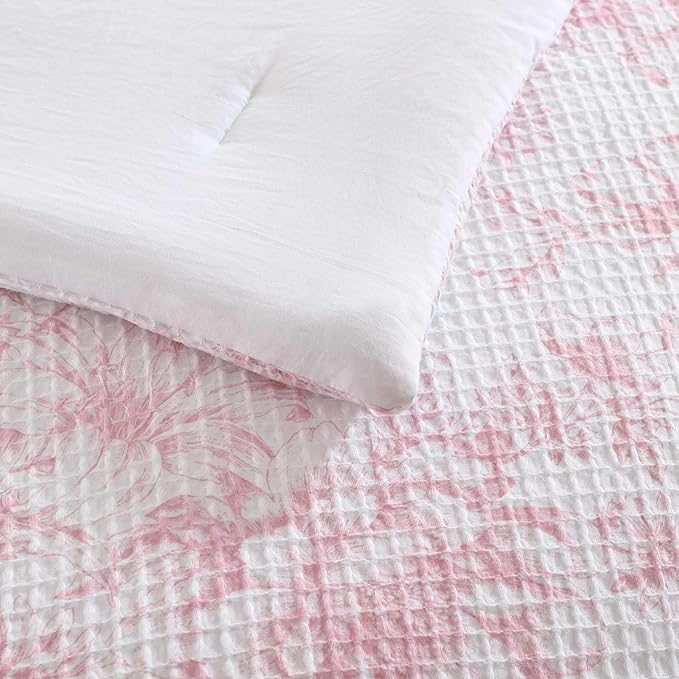 Laura Ashley - Comforter Set, Soft Poly Waffle Textured Bedding with Matching Shams, Delicate Floral Design (Delphine Pastel Pink, Full/Queen)