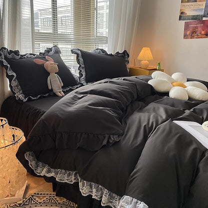 MOOWOO Chic Ruffle Lace Polyester Duvet Cover Set - Luxury Premium Black Bedding-2 Piece Twin Duvet Cover with Zipper Closure -Ultra Soft and Light Weight(Black, Twin)