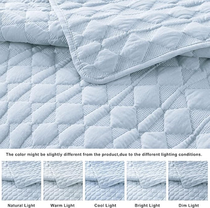 WDCOZY Light Blue Quilts Queen Size Bedding Set with 2 Pillow Shams, Lightweight Soft Full Bedspread Coverlet, Thin Comforter Bed Cover for All Season, 3 Pieces, 90x90 inches