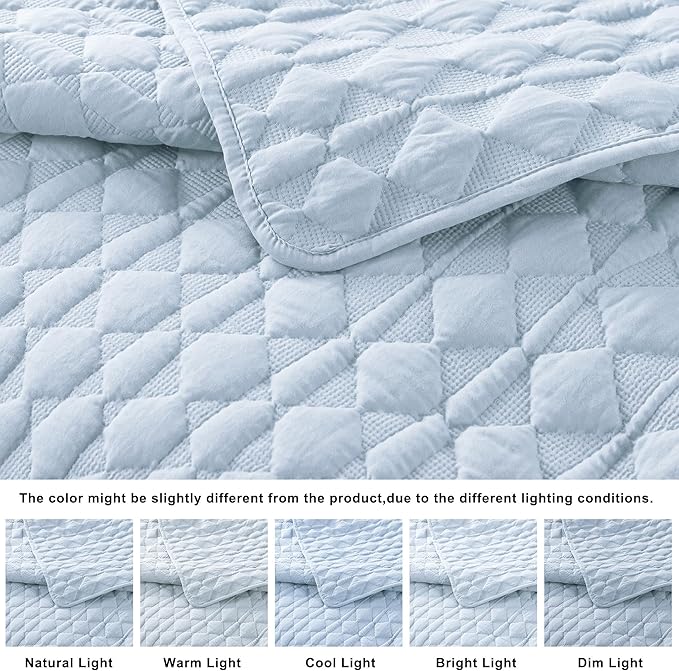 WDCOZY Light Blue Oversized California Cal King Size Quilt Bedding Set with 2 Pillow Shams, Lightweight Soft Bedspread Coverlet Bed Cover for All Season, 3 Pieces, 118x106 inches
