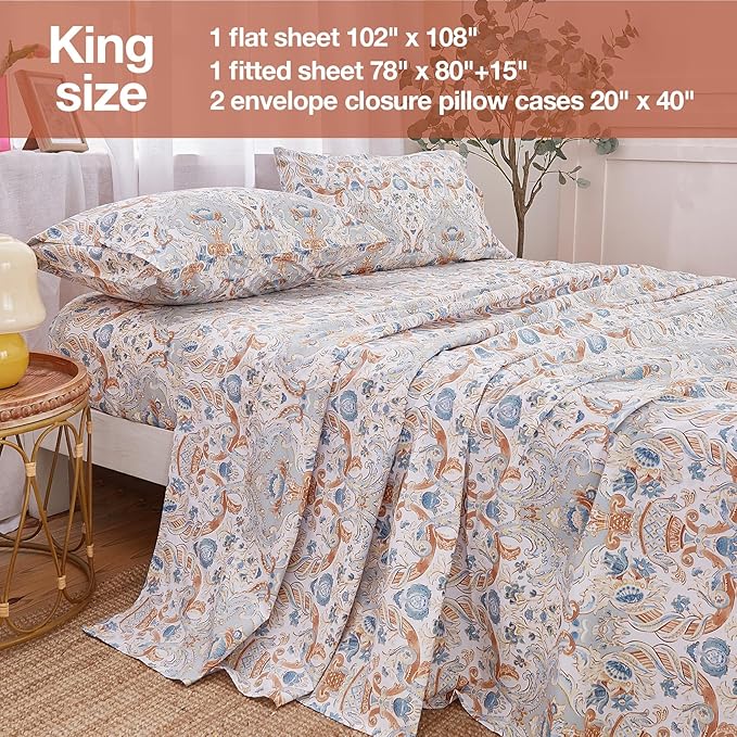 JSD Vintage Paisley Printed Sheet Set King Size, 4 Piece Soft Pattern Microfiber Sheets Extra Deep Pocket