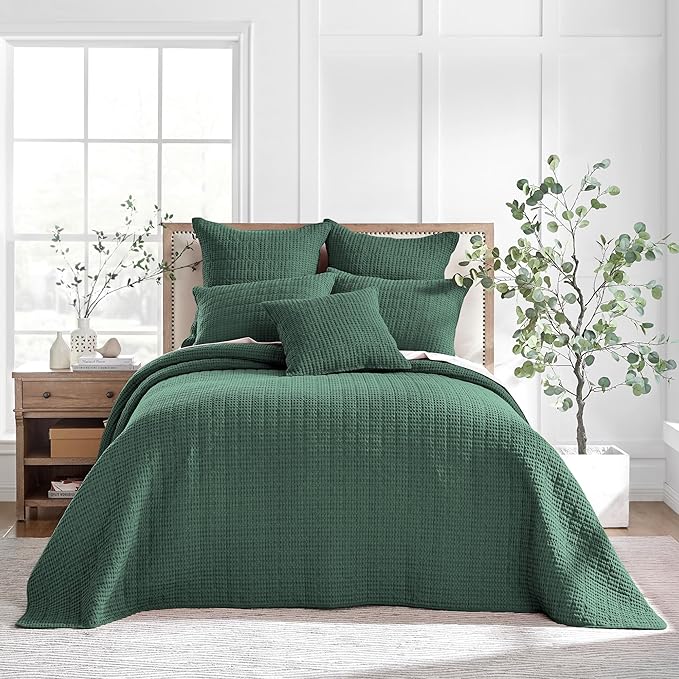Levtex Home Mills Waffle King Bedspread Set (120x104in) with 2 Pillow Shams (36x20in) - Forest Green - Cotton King Size Bedspread Set - Soft, Pre-Washed