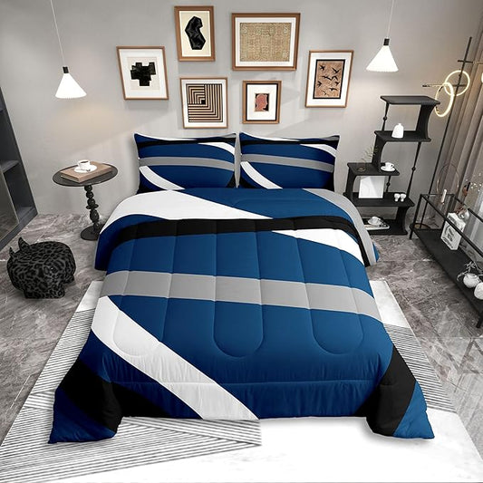 Erosebridal Blue Gray Black Striped Bedding Set Full Size Modern Abstract Comforter Set for Adult Women Men Geometric Lines Bed Sets Aesthetic Boho Duvet Quilt Sets