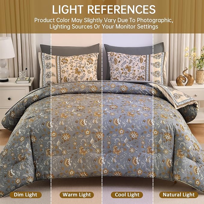 Dinjoy Comforter Set King Size Boho, Reversible Beige Bedding Paisley Floral 7 Piece Bed in a Bag Soft Lightweight Bohemain Comforters with Sheet Sets for All Season
