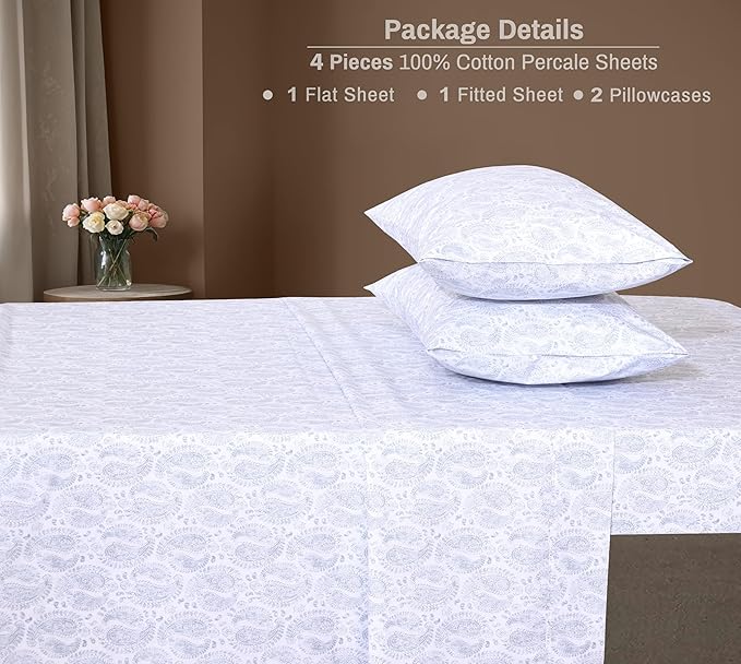 ZOYER 100% Cotton Sheets – California King Percale Bedding, Cooling & Breathable, Durable with a Crisp, Soft & Comfortable Feel, 14" Deep Pocket, 4-Piece Set, Paisley Imprint