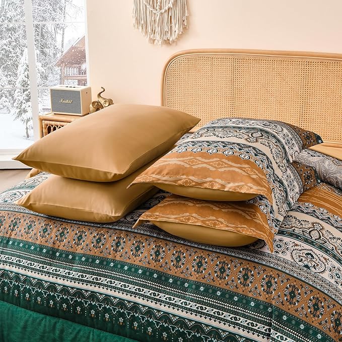Cottolester Boho Comforter Set Queen Size,8 Pieces Brown and Green Bohemian Striped Bed in a Bag,Paisley Soft Microfiber Bedding Comforter Set