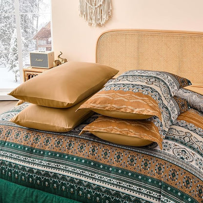 Cottolester Boho Comforter Set King Size,8 Pieces Brown and Green Bohemian Striped Bed in a Bag,Paisley Soft Microfiber Bedding Comforter Set