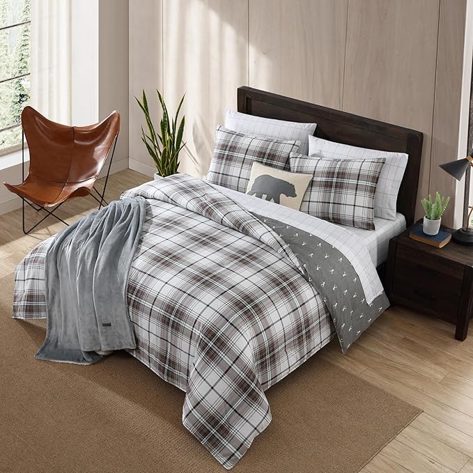 Eddie Bauer - King Comforter Set, Reversible Cotton Bedding with Matching Shams, Plaid Home Decor (Alder Red/Grey, King)