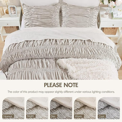 Intelligent Design Ella King Comforter Set – Ruched Gingham Shabby Chic Bedding, Bow-Tie Detail, All Season Lightweight 3 Piece Bedding Set, Sham, King/Cal King, Brown